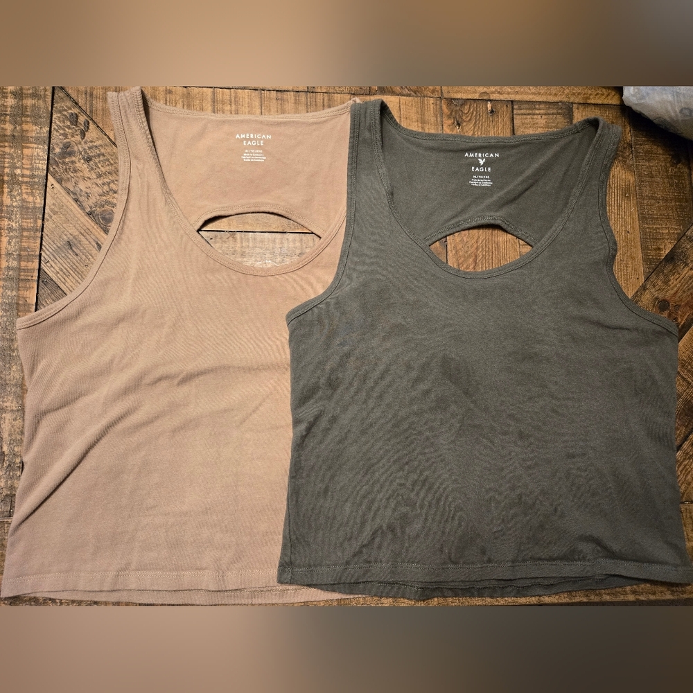 Set Of 2 American Eagle Outfitters Tan and Green Women's Crop Tank Tops